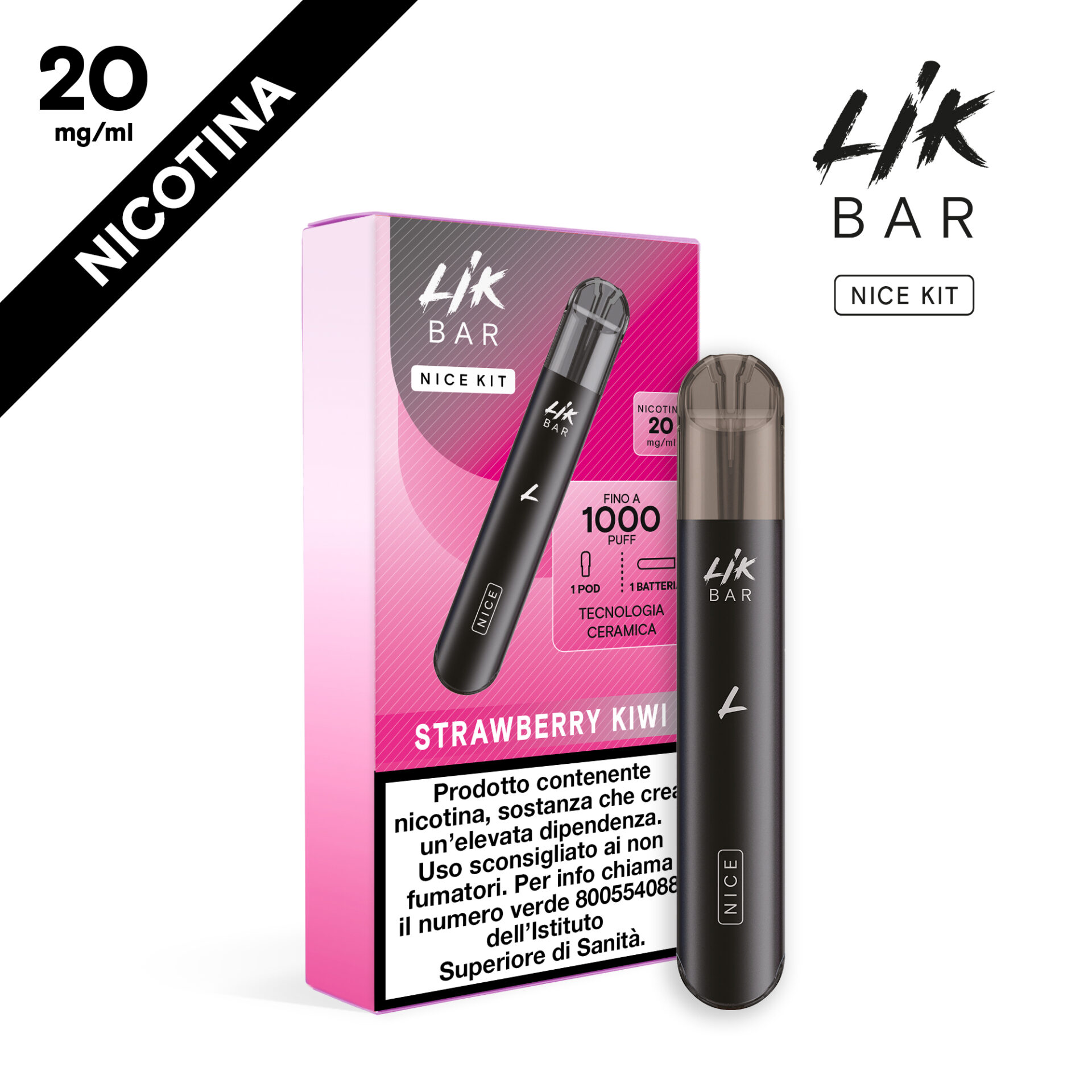 LIK BAR NICE - STARTER KIT BLACK + POD STRAWBERRY KIWI - NIC 20